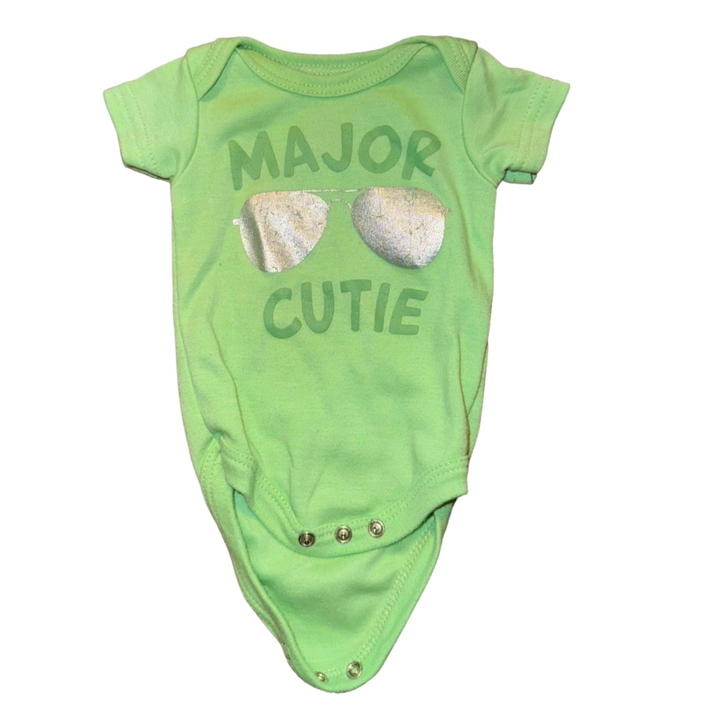 Babies’ BWA Bright Green And Silver Short Sleeve “Major Cutie,” Onesie. Size NB.